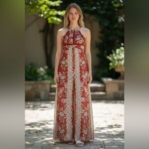 City Triangles Rust Floral Halter Maxi Dress with Lace Panels